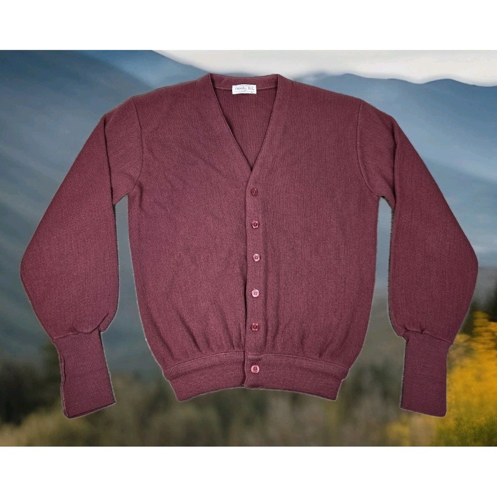 Vintage Neely Cardigan Mens M Medium Red Burgundy Made In USA‎ Orlon Acrylic